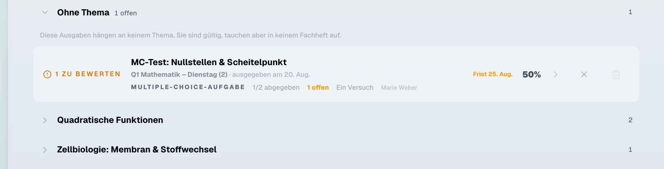 Aufgabenansicht der Lernplattform Quanta mit Beispieldaten